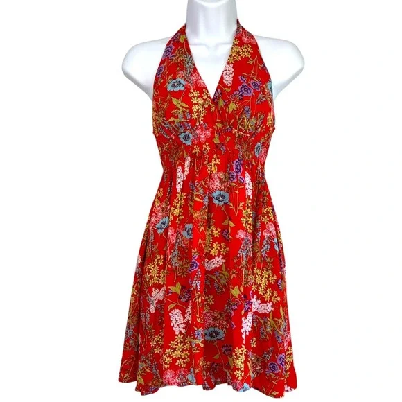Y2K Boho Floral Festival Halter Babydoll Dress Sz M Country Indie Smocked - Picture 1 of 6